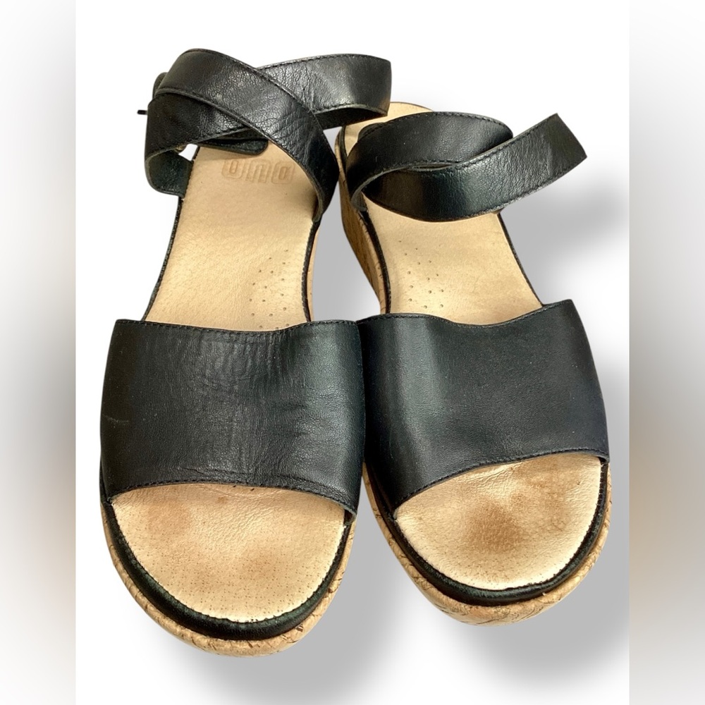 Ouo Black Leather ankle strap Cork Wedge Sandals platform